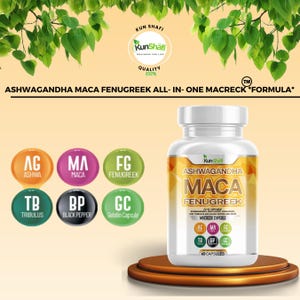 May include: A clear plastic bottle of Kun Shafi Ashwagandha Maca Fenugreek capsules. The label features the brand name and product information. The bottle sits on a brown, tiered platform. The background includes green leaves and text.