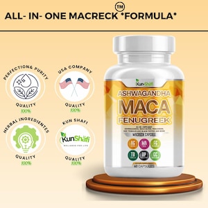 May include: A white bottle of dietary supplements labeled "ASHWAGANDHA MACA FENUGREEK" with "ALL-IN-ONE MACRECK *FORMULA*". The bottle sits on a brown, tiered platform. The label includes "60 CAPSULES".
