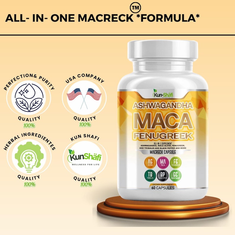 May include: A white bottle of dietary supplements labeled "ASHWAGANDHA MACA FENUGREEK" with "ALL-IN-ONE MACRECK *FORMULA*". The bottle sits on a brown, tiered platform. The label includes "60 CAPSULES".