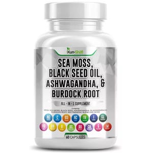 Pode incluir: Uma garrafa de plástico transparente de suplementos Kun-Shafi. O rótulo apresenta o texto "Sea Moss, Black Seed Oil, Ashwagandha, & Burdock Root" e "All-in-1 Supplement". A garrafa contém 60 cápsulas e inclui uma lista de ingredientes.