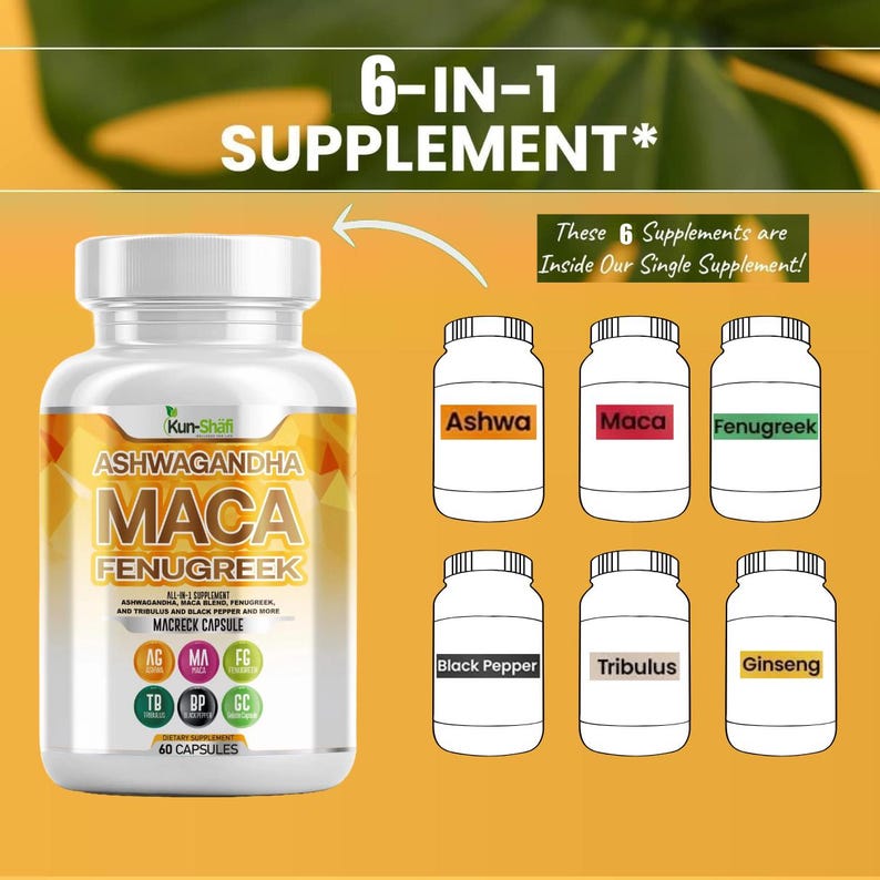 May include: A white supplement bottle with the words "Ashwagandha, Maca, Fenugreek" on the label. The image also shows six smaller supplement bottles labeled "Ashwa, Maca, Fenugreek, Black Pepper, Tribulus, Ginseng". The text reads "6-IN-1 SUPPLEMENT".