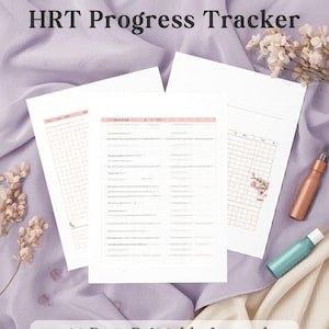Puede incluir: Una colección de tres páginas de diario imprimibles blancas de HRT Progress Tracker con detalles rosas y grises, dispuestas sobre una tela lavanda. Se muestra el texto "HRT Progress Tracker" y "14-Page Printable Journal".