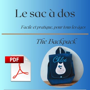 Puede incluir: Una mochila azul con el nombre "Chloe" bordado y un diseño de búho blanco. Se muestra el texto "Le sac à dos" y "The Backpack". La imagen también incluye un icono PDF y texto que indica un nivel de habilidad intermedio.
