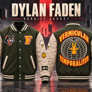 Dylan Resonant Collegejacke | Olivgrüne Letterman-Jacke mit Aufnähern | Control Cosplay-Kostüm | Gamer-Outfit | Geschenk für Videospieler