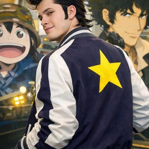May include: A navy blue and white varsity jacket with a large yellow star on the back. The jacket has white sleeves and a striped hem. The image also features anime-style illustrations in the background.