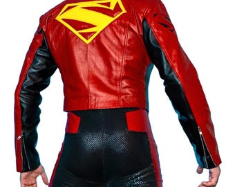 Men’s Red Leather Biker Jacket Cropped Motorcycle Jacket Black Sleeve Slim Fit Cafe Racer Jacket Moto Style Custom Made