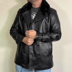 Handmade RE9 Leon S. Kennedy Requiem Double-Breasted Black Leather Jacket with Fur Collar | Video Game | Gaming Cosplay Gift For Video Gamer