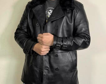 Handmade RE9 Leon S. Kennedy Requiem Double-Breasted Black Leather Jacket with Fur Collar | Video Game | Gaming Cosplay Gift For Video Gamer