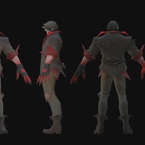 May include: A character model sheet labeled Drifter, showing four views of a figure wearing a dark jacket with red accents, tan pants with knee tears, dark boots, and a cap. The character has red-tinted hands and a dark, layered outfit design.