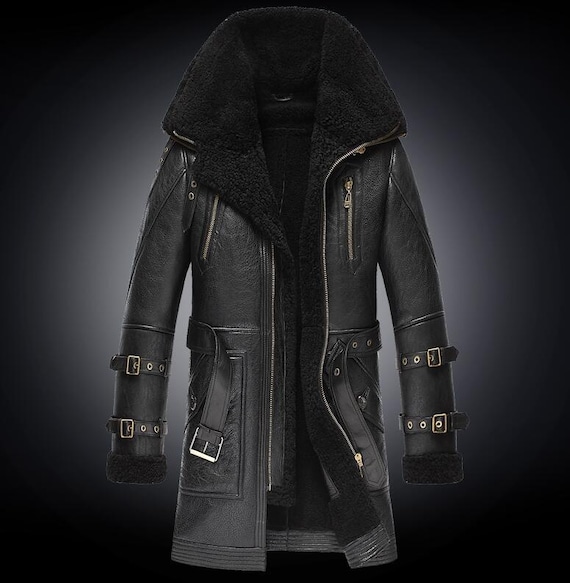 Handmade B3 Flight Real Leather Shearling Aviator Fur Winter Black Trench Long Coat