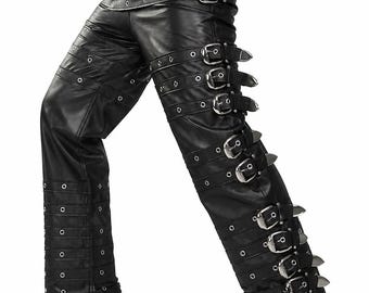 Pantalones de cuero negro con tirantes inspirados en Michael Jackson – Pantalones góticos con hebilla y tachuelas de estrella del pop rock (Hechos a medida)