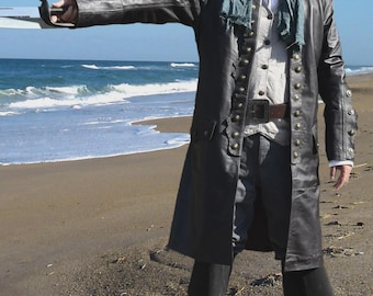 Men Captain Will Turner Real Leather Long Trench Coat, Vintage Pirate Cosplay Black Leather Pirate Coat, Captain Will Costume Winter Coat