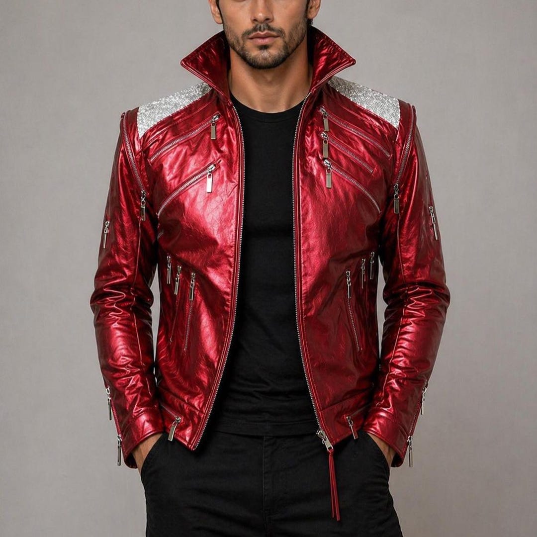 Red Metallic Jacket Mens Red Metallic Leather Jacket Inspired by Michael Jackson Jacket ...