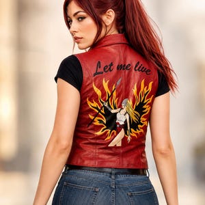 Claire Redfield Red Leather Vest, Resident Evil Code Veronica Cosplay Waistcoat, Women’s Let Me Live Valkyrie Back Patch