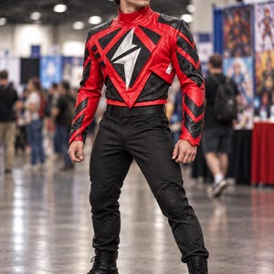 May include: A red and black long-sleeve jacket featuring a high collar, a central silver lightning bolt emblem, and chevron patterns on the sleeves. The jacket is paired with black trousers featuring a black belt and black lace-up combat boots.