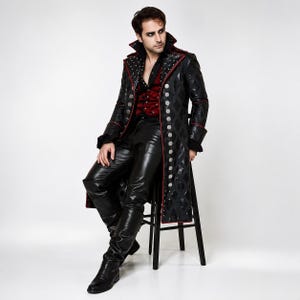 Leren jas voor heren met Captain Hook-thema | Gotische piraten trenchcoat | Halloween cosplaykostuum
