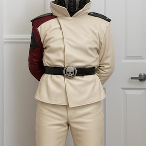 May include: Cream-colored futuristic military-style uniform with a black belt featuring a skull buckle. The outfit includes a matching helmet and pants. The jacket has burgundy and black accents on the shoulder.