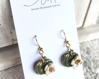Fall Green Pumpkin Floral Polymer Clay Earrings