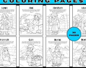 May include: A printable digital download featuring coloring pages of Biblical figures. The pages include illustrations of Aaron, Abel, Abraham, Adam, Hannah, Cain, Daniel, and David. The image also includes the text "30 PAGES".