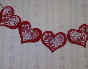 Valentine Bunting Includes Wooden Round Dowels - Cake Bunting - Party Bunting - Door Decoration - Lace Hearts