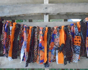 Rag Tie Garland Bunting Halloween with Spiders Pumpkins Candy Corn Skulls Photo Prop Party Garland