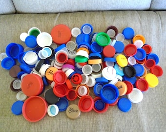 RECYCLED Plastic Caps, 1 Pound Bag, Assorted colors and sizes, Batch 203 - Bin #1