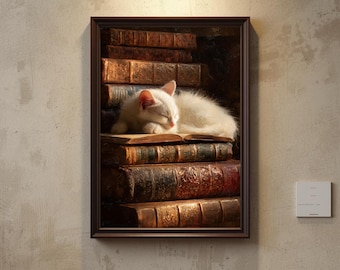 Kitten Library Art Print – White Cat Sleeping on Books (Digital Download)