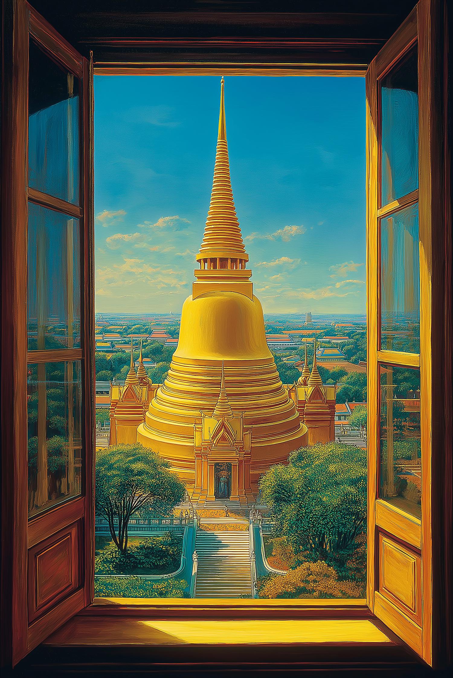 タイ寺院の黄金仏塔の絵画 – プラ・パトム・チェディ・アート 