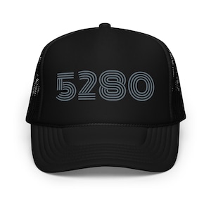 May include: Black trucker hat with the number "5280" in gray, a design that is likely a reference to the mile-high city of Denver, Colorado. The hat has a mesh back and a curved brim.