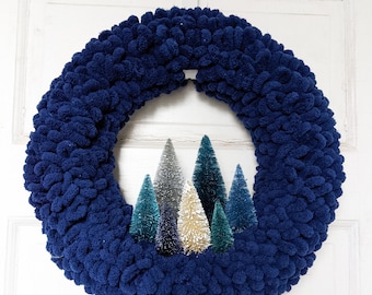 Blue Christmas Bottle Brush Tree Wreath 15.5" in Navy Blue by Distinguished Flamingo