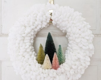 Winter Bottle Brush Tree Wreath 13.5" in Snowflake White by Distinguished Flamingo