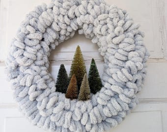 Forest Greens Bottle Brush Tree Wreath 13.5" in Smoke Gray by Distinguished Flamingo