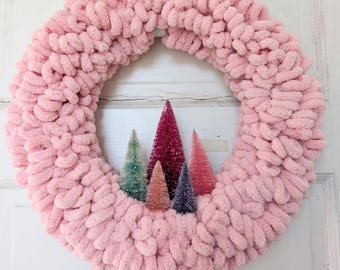 Kitschy Pink Bottle Brush Tree Wreath 15.5" by Distinguished Flamingo