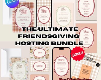 May include: A digital Friendsgiving hosting bundle with invitations, menus, drink recipes, and a card game. The design features a plaid pattern, pumpkins, and elegant fonts. Includes a "Bonus" sticker and Canva logo.