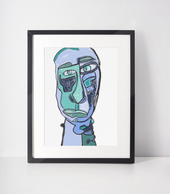 Blue Abstract Face Linocut Print