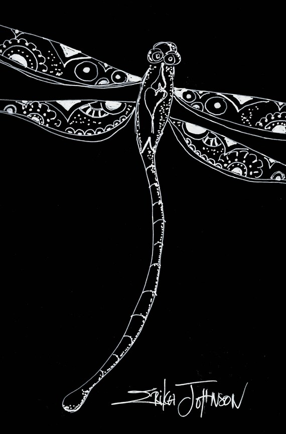 Dragon Fly Dreams Original Drawing On Black Paper With White Etsy
