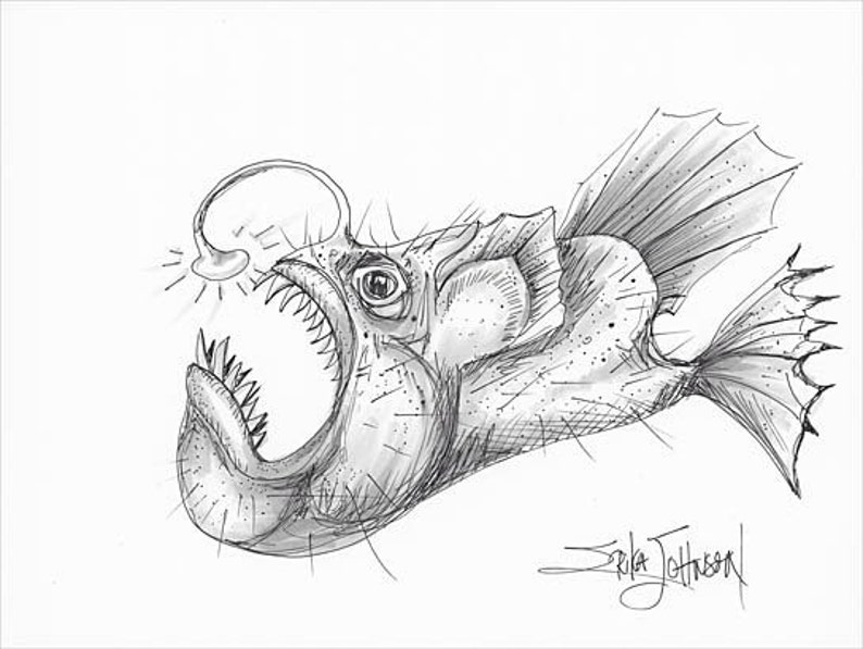 boos visser van de deep-origineel pen en inkt tekenen-vis | etsy