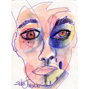 Emotive Abstract Face – Original Watercolor & Pastel Portrait painting by Erika Johnson 4.5x6 inches- modern home decor art- contemporary