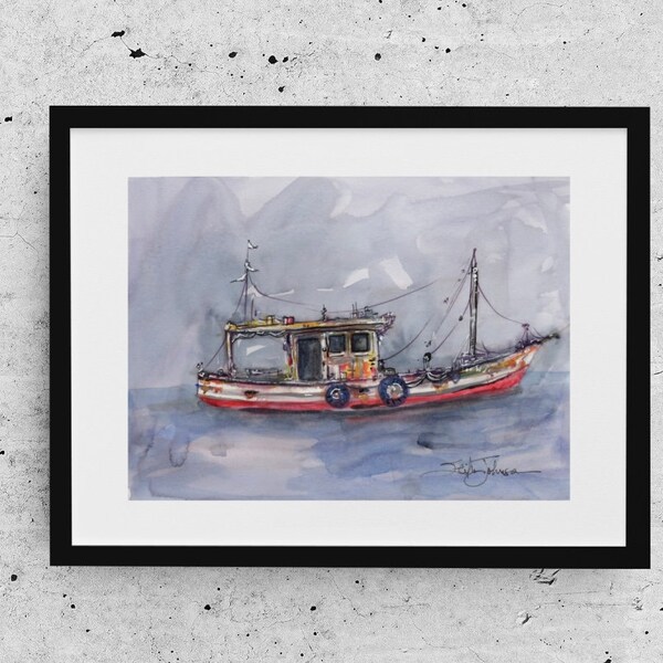 Biloxi Lugger Fishing boat painting- old historical seafood industry boats-boat art-maritime and seafood industry Mississippi Gulf COAST