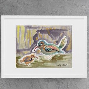 Original watercolor bird painting by Erika Johnson-bird artwork-bird art-2 birds eating- Birds in the field-yellow-turquoise-gray-wall Art