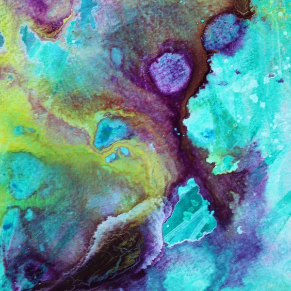 SALE-Nebulus Galaxies  Abstract Original Painting by Erika Johnson- Outer Space- Modern Art Purple Green 7.5 x 11 1/4 Inches Fine Art