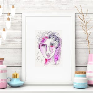 Abstract face painting-Mini portrait woman- girl-lady- original watercolor painting with pen and ink detailing-4.5x6 Inch- by Erika Johnson
