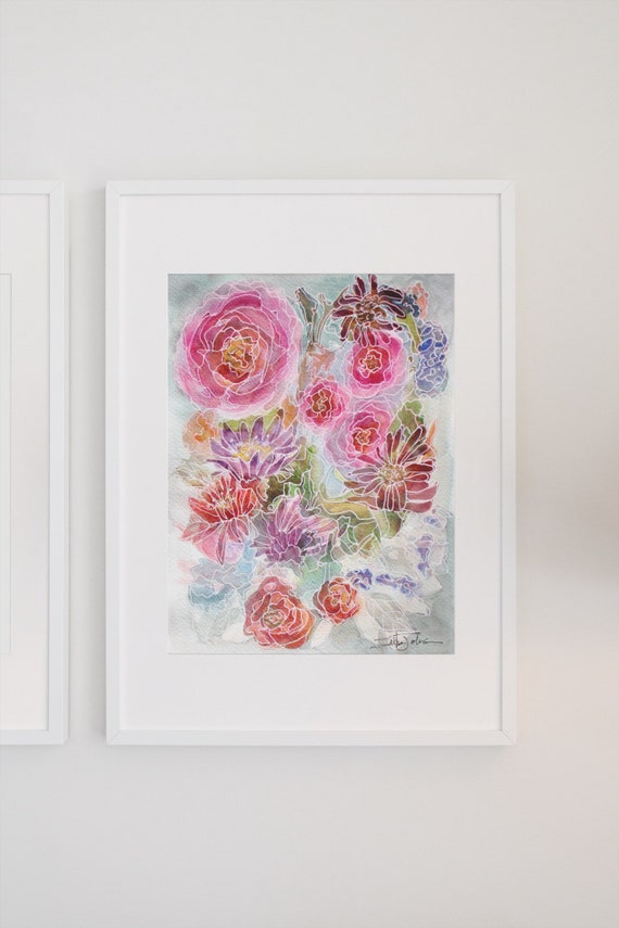 Wildflowers Roses Modern Design Peonies Bright Colors Abstract Flowers Hand Painted Floral Wall Art Original Watercolor Painting