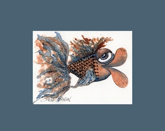 Fun Tropical blue and copper colored fish watercolor painting-beach house decor- coastal cottage-wall art-ocean art- under the sea-blue fish