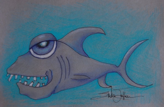 Requin Original Dessin Crayon Argent Requin Gris Gris Foncé Pêche Océan Plage Maison Poisson Art Art Poisson Côtière Man Cave Original Art Poisson De