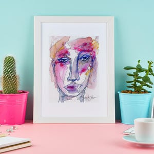 Abstract face painting-Mini portrait woman- girl-lady- original watercolor painting with pen and ink detailing-4.5x6 Inch- by Erika Johnson