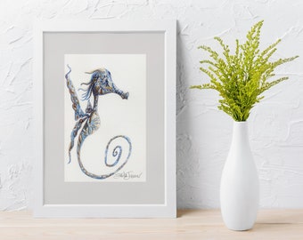 Seahorse original watercolor painting in soft neutral colors-6x9 inches- coastal home decor wall art- beach house style-ocean themed art