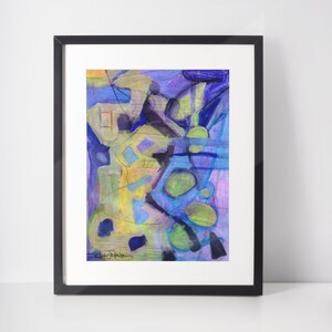 Delta Blues Original abstract expressionist mixed media painting on watercolor paper by Erika Johnson 9 x 12 inches -blues-green-yellow