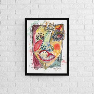 Colorful abstract Female face portrait painting- expressionist style contemporary art- original  watercolor paper- mixed media