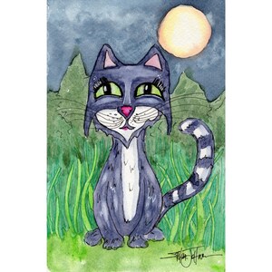 Whimsical gray cat watercolor painting-- cat artwork-6x9 inches-cat lover gift- feline- playful cat portrait 4.5x6 inches-cat and moon scene